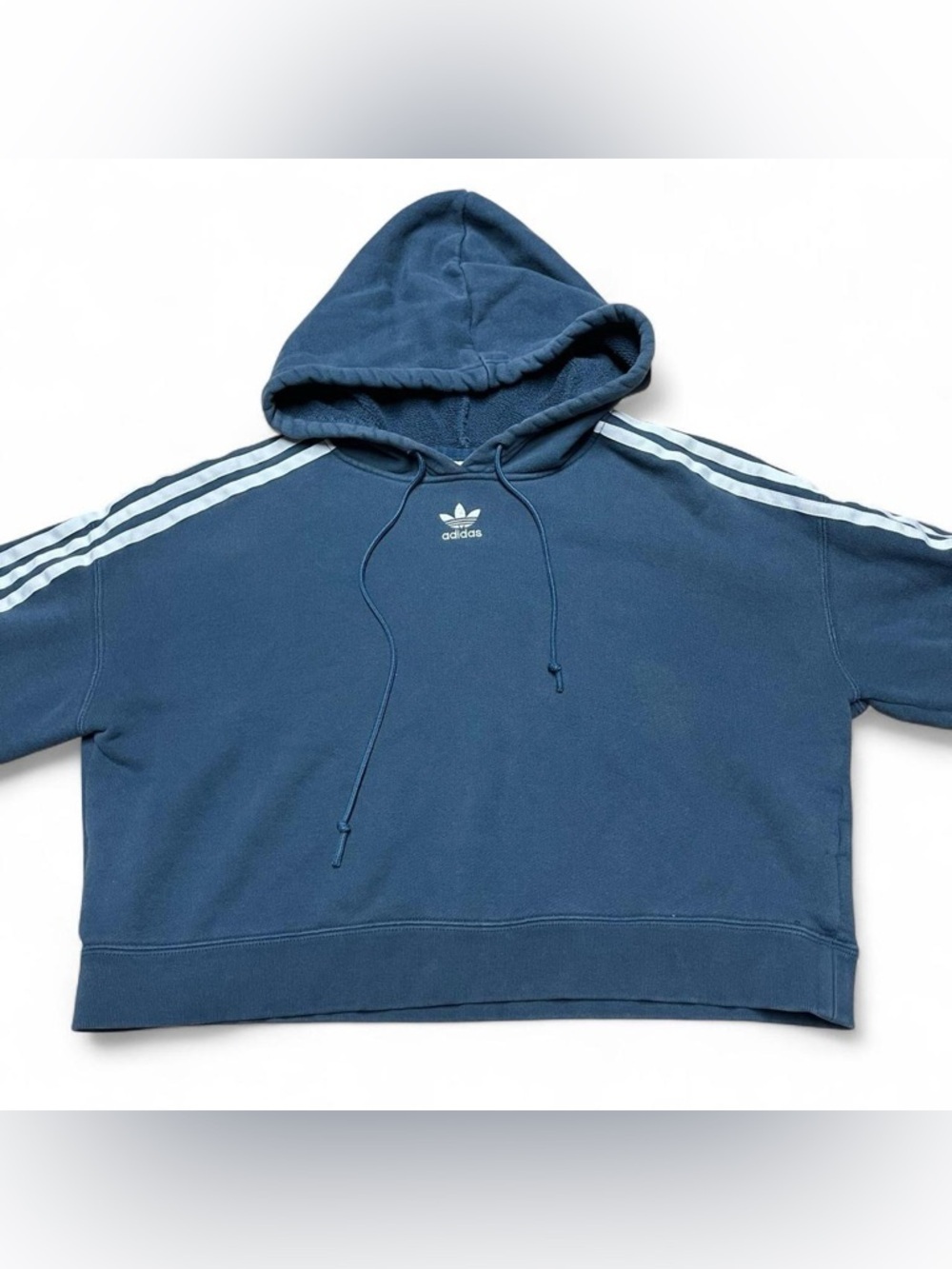 Adidas Cropped Hoodie Womens Sz 6 Small Navy Blue Boxy Sweatshirt 3 Stripe Logo - Picture 2 of 8
